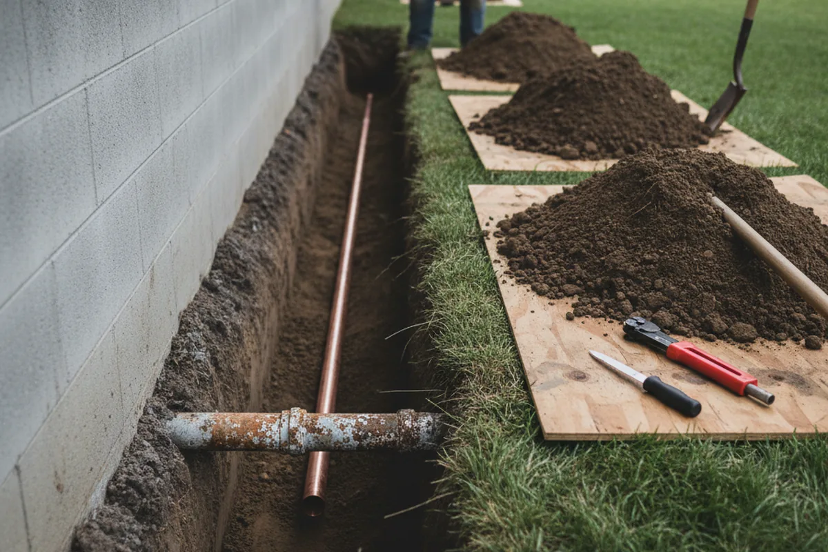 Excavated water line trench during Water Softener Installation in Rodeo